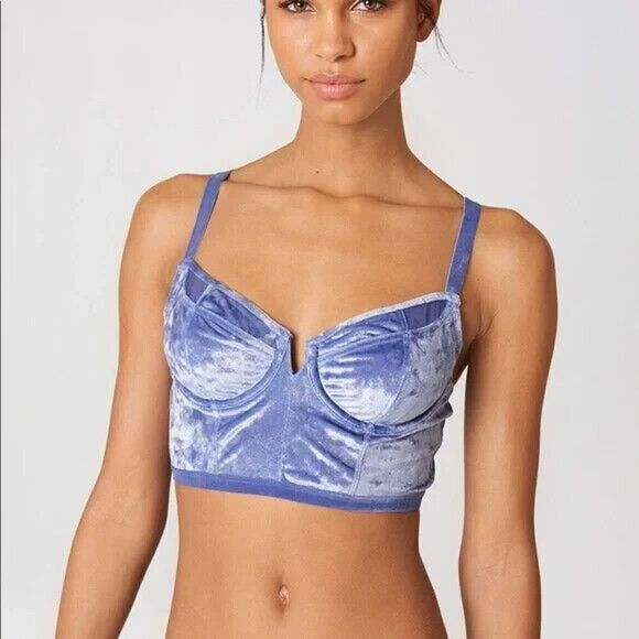 Free People Camille Velvet Bustier Longline Push Up Bra Blue 34C Underwired - Picture 1 of 8